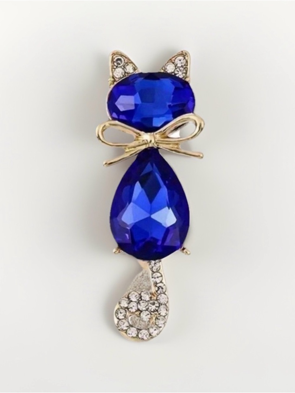 Elegant Cobalt Blue Gemstone Cat Brooch Pin with Crystal Accents & Gold Bow
